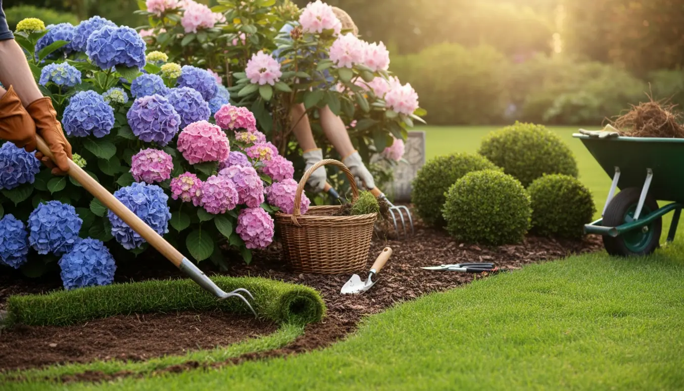 Havearbejde med spade og lugning mellem hortensiaer, rododendron og velplejet buxus.