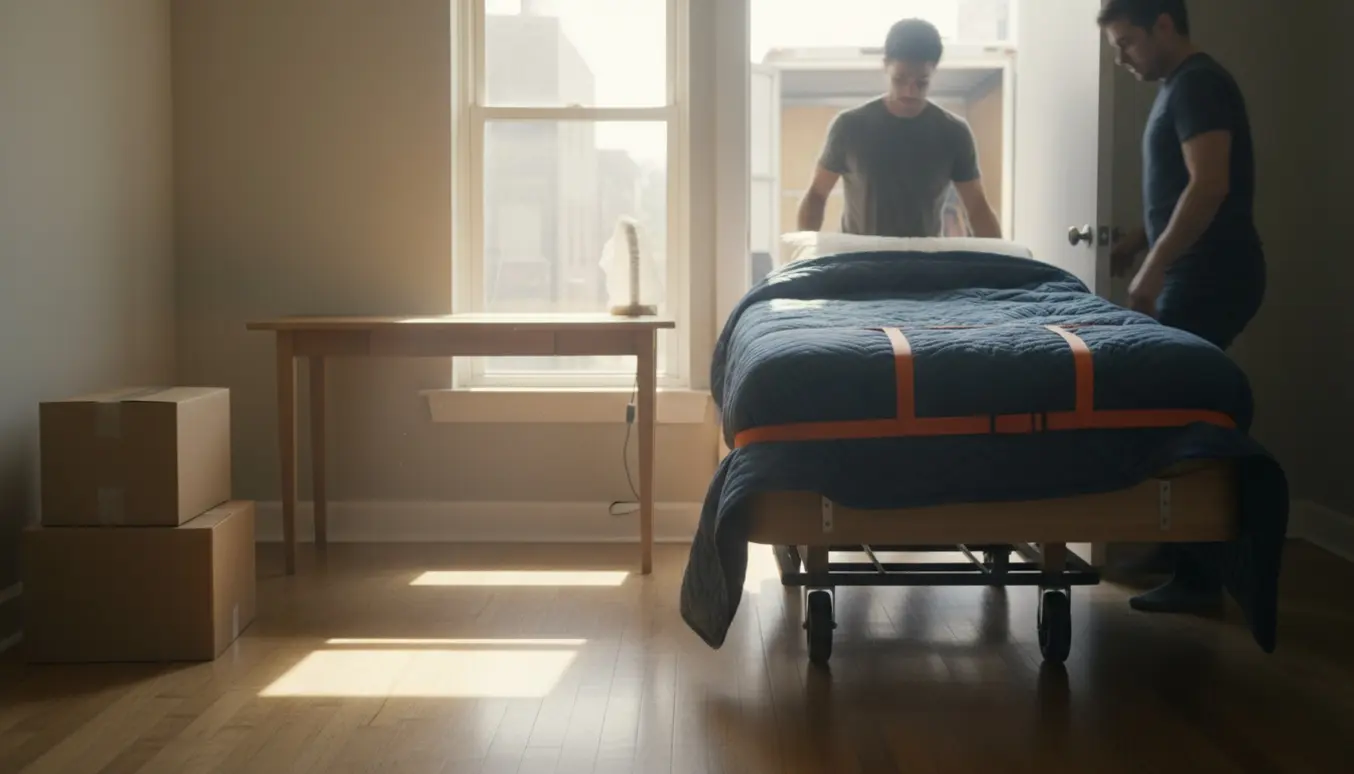 To personer bærer en seng ud af en lys lejlighed med et skrivebord og et par flyttekasser i baggrunden.