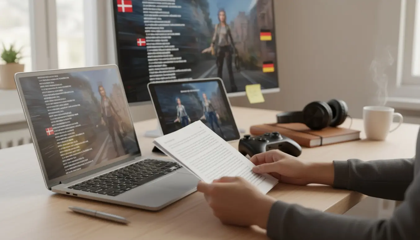 Soloplyst arbejdsbord med bærbar og hænder, der arbejder på oversættelse af spilsprog fra dansk til tysk.