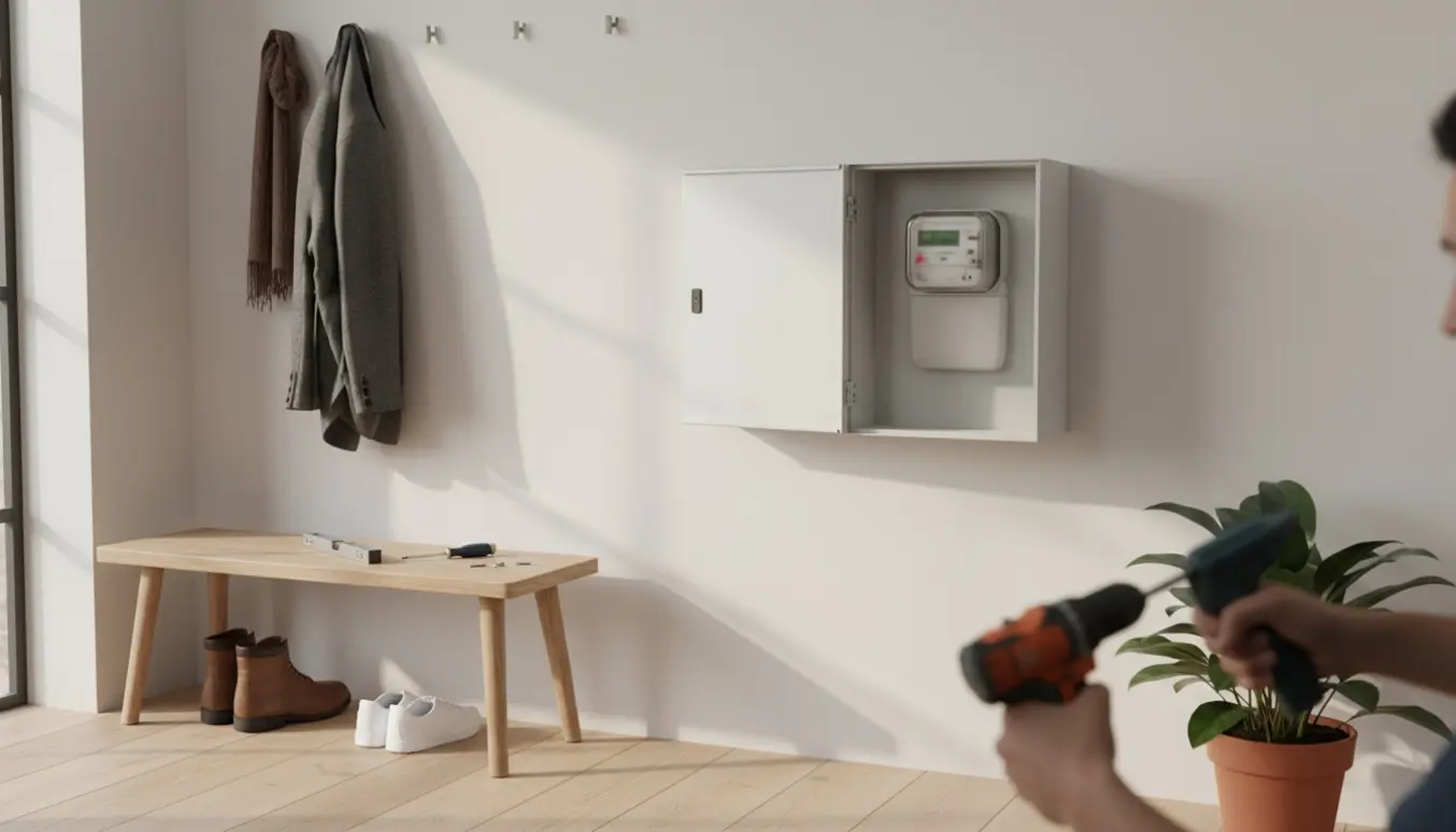 Lille hvidt elskab i entréen, delvist åbent for at skjule elmåleren med værktøj ved siden af.