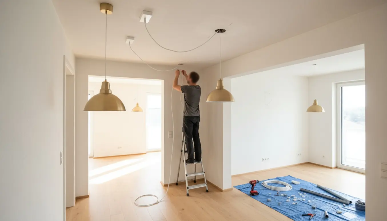 Montage af loftslamper på stige med bor, kabelrulle og pæn ledningsføring i flere rum.