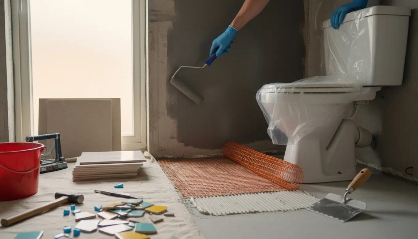 Gulvvarme og vådrumsmembran forberedes i et lille badeværelse under renovering.