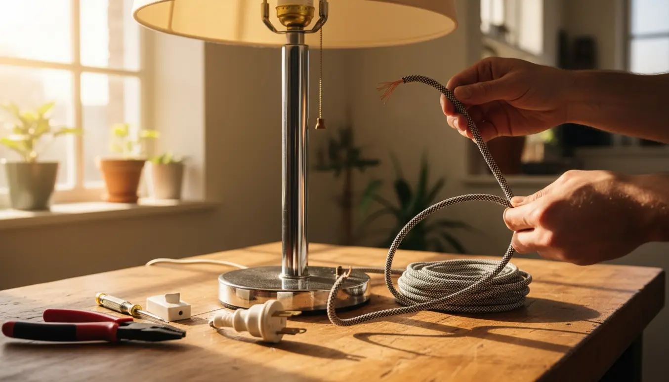 Hænder udskifter ledning, afbryder og stik på en vintage 'President' bordlampe på et træbord i naturligt lys.