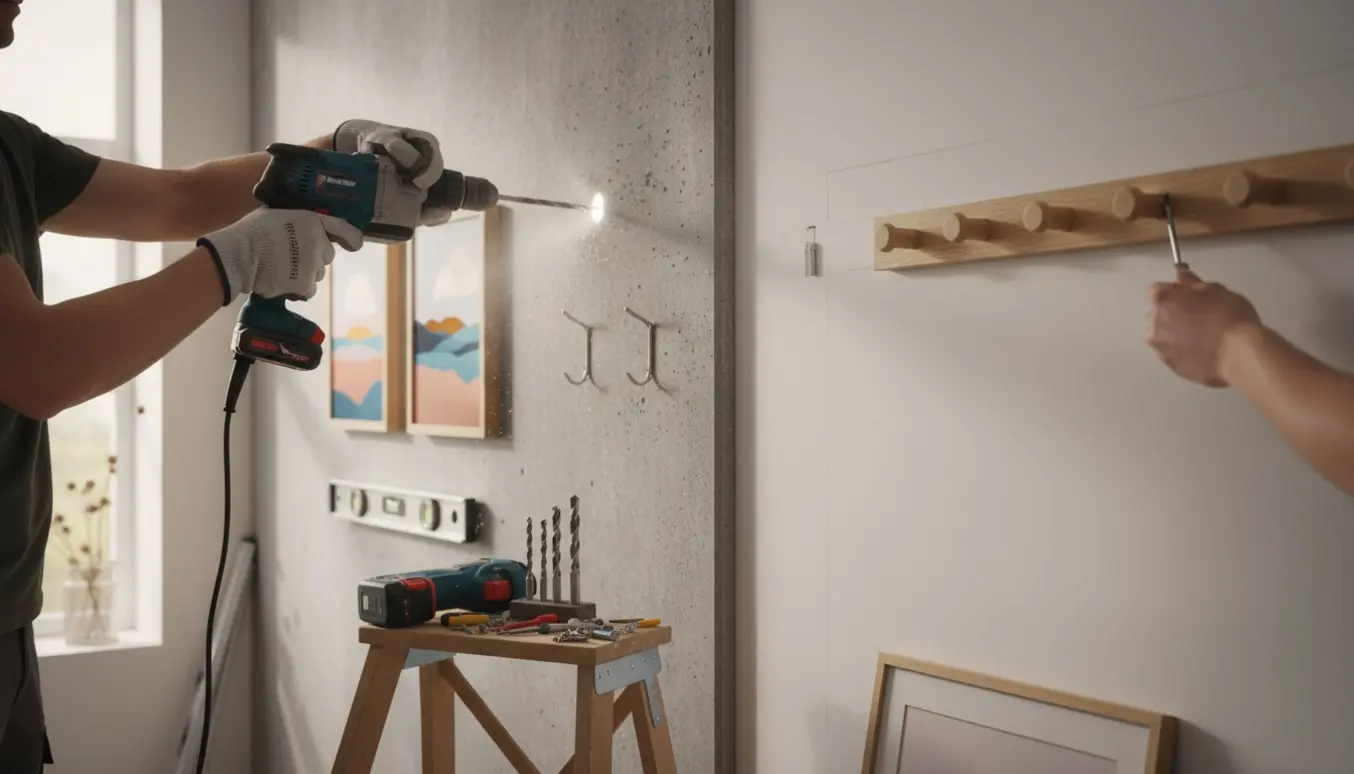 Hænder borer huller i beton- og gipsvæg for at hænge tre billedrammer og en knagerække.