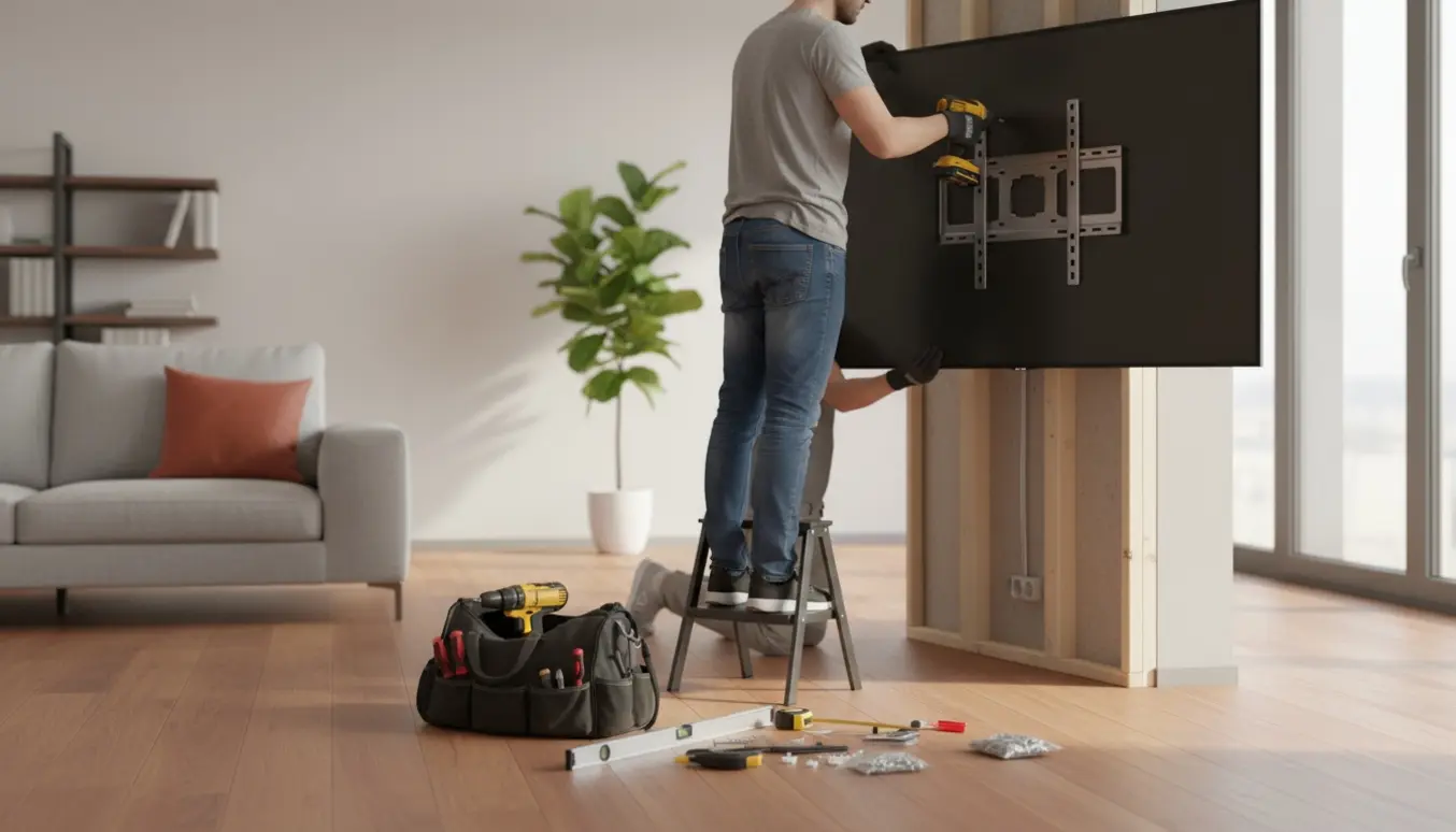 To personer monterer et 75 tommer smart-tv på en væg med værktøj og vægbeslag.