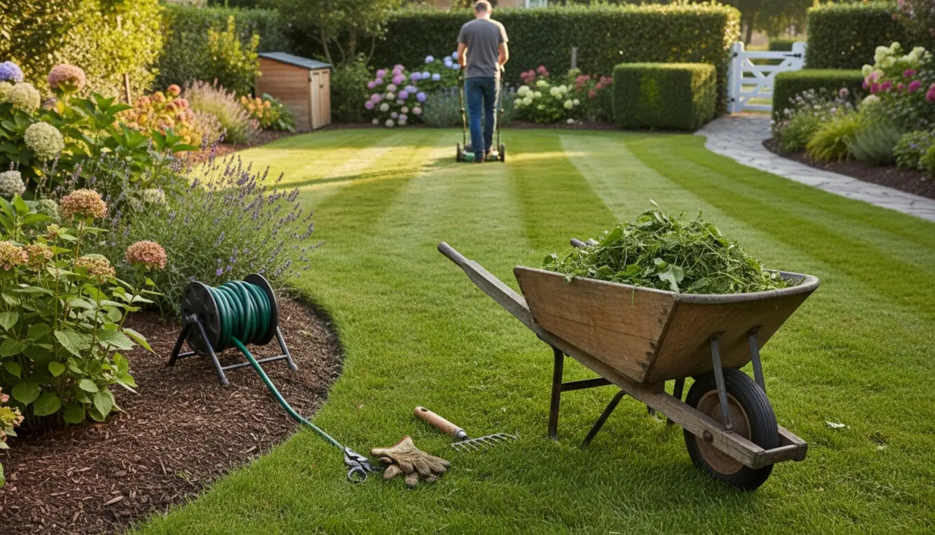 Vogn med friske afklip og redskaber foran en halvt slået græsplæne med gartner set bagfra.
