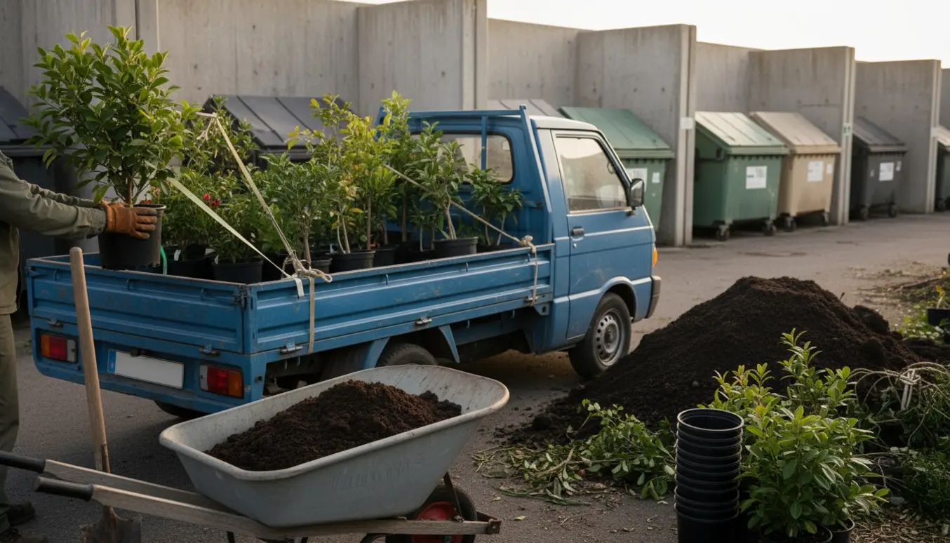 Pickup og trailer lastet med jord og planter ved en genbrugsstation, klar til aflevering.