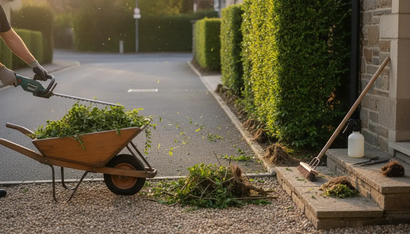 Nyklippet hæk ved vejen og ryddet gårdsplads med haveværktøj og bunker af afklip.