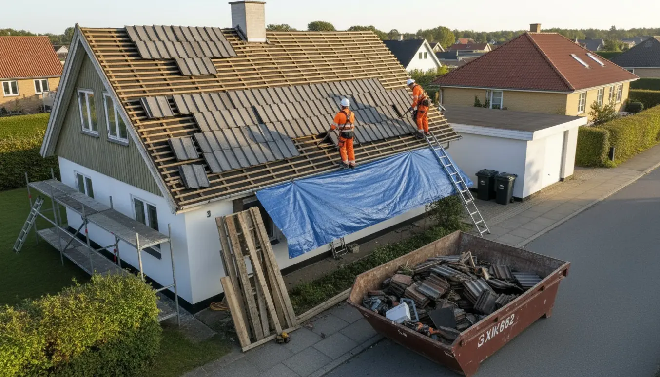 Arbejde med nedtagning af tag på et parcelhus på Sjælland, tagplader og lægter fjernes med stillads og container til bortskaffelse.