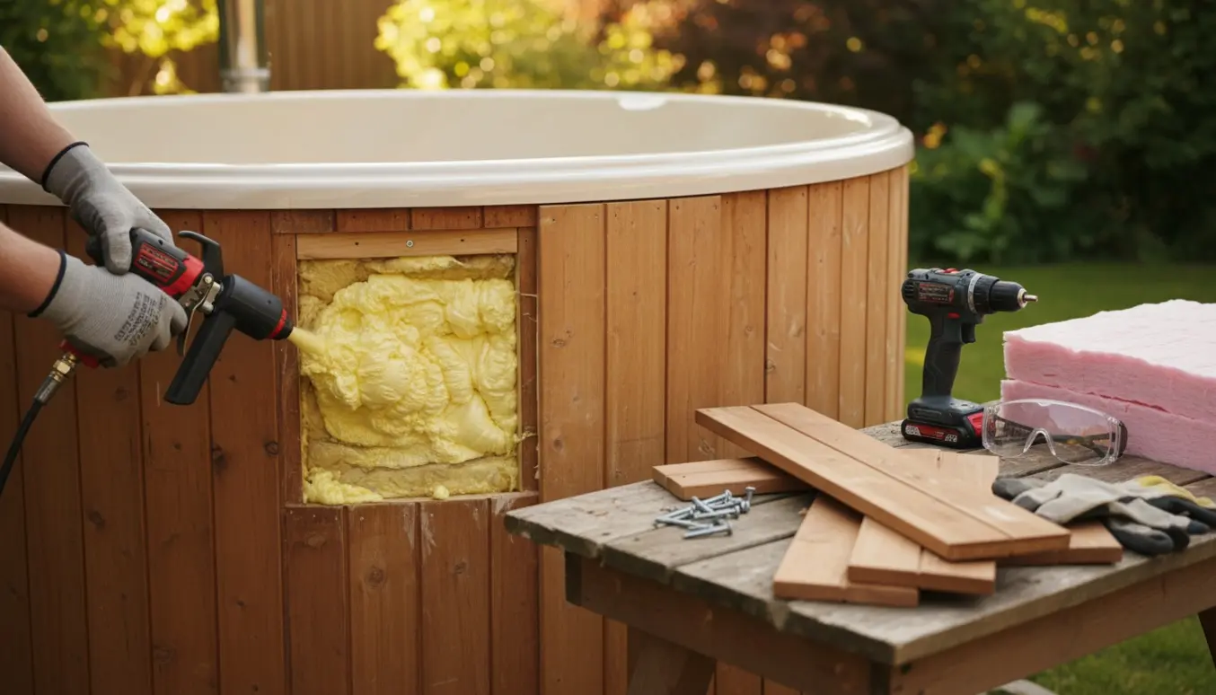 Åben vildmarksbadside med træbeklædning fjernet, hånd på skumisolering og værktøj ved siden af.