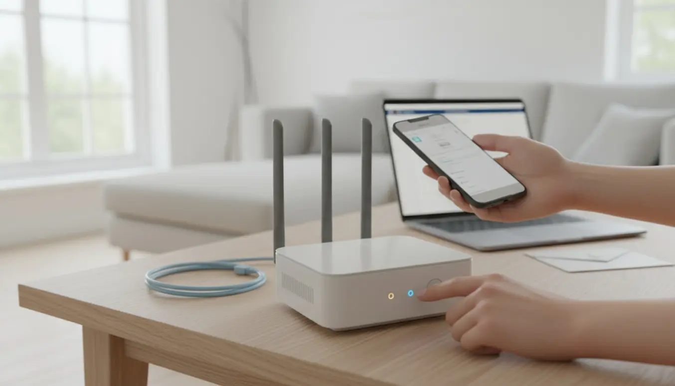 Hænder opsætter en dual-band router på et lyst træbord med to farvede LED-lys og en telefon i en skandinavisk stue.