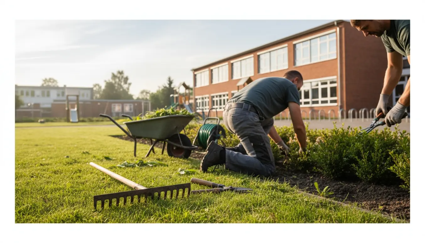 En havemand trimmer hæk og fjerner ukrudt i en skolegård i Odense med redskaber og trillebør i sollys.