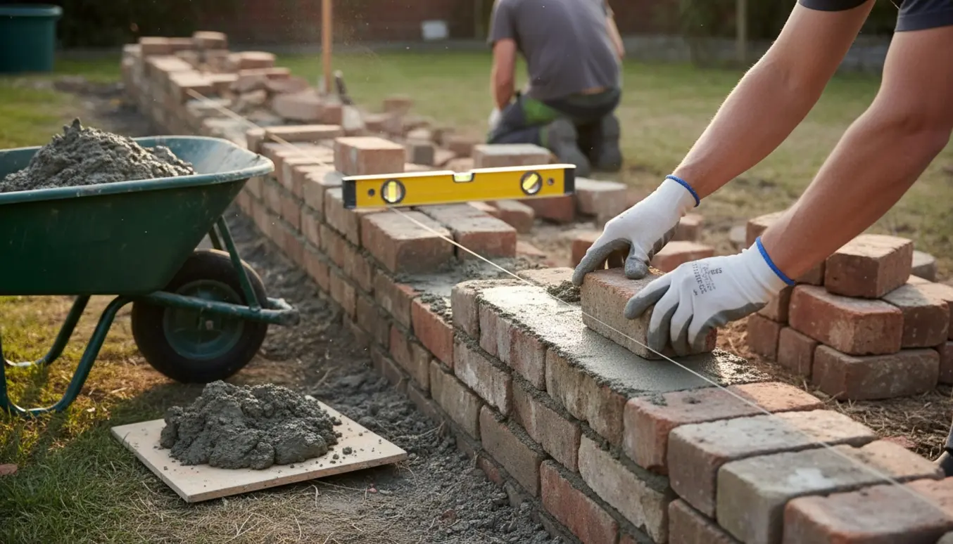 Halv genopmuret udendørs læmur med mursten, mørtel og murerhænder i fokus.