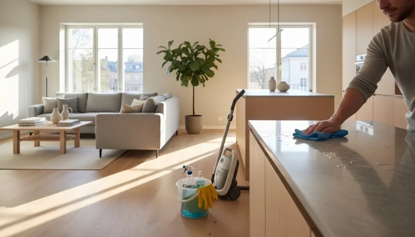 Rengøringshjælp tørrer et køkkenbord i en lys, skandinavisk lejlighed med støvsuger og rengøringsudstyr i nærheden.