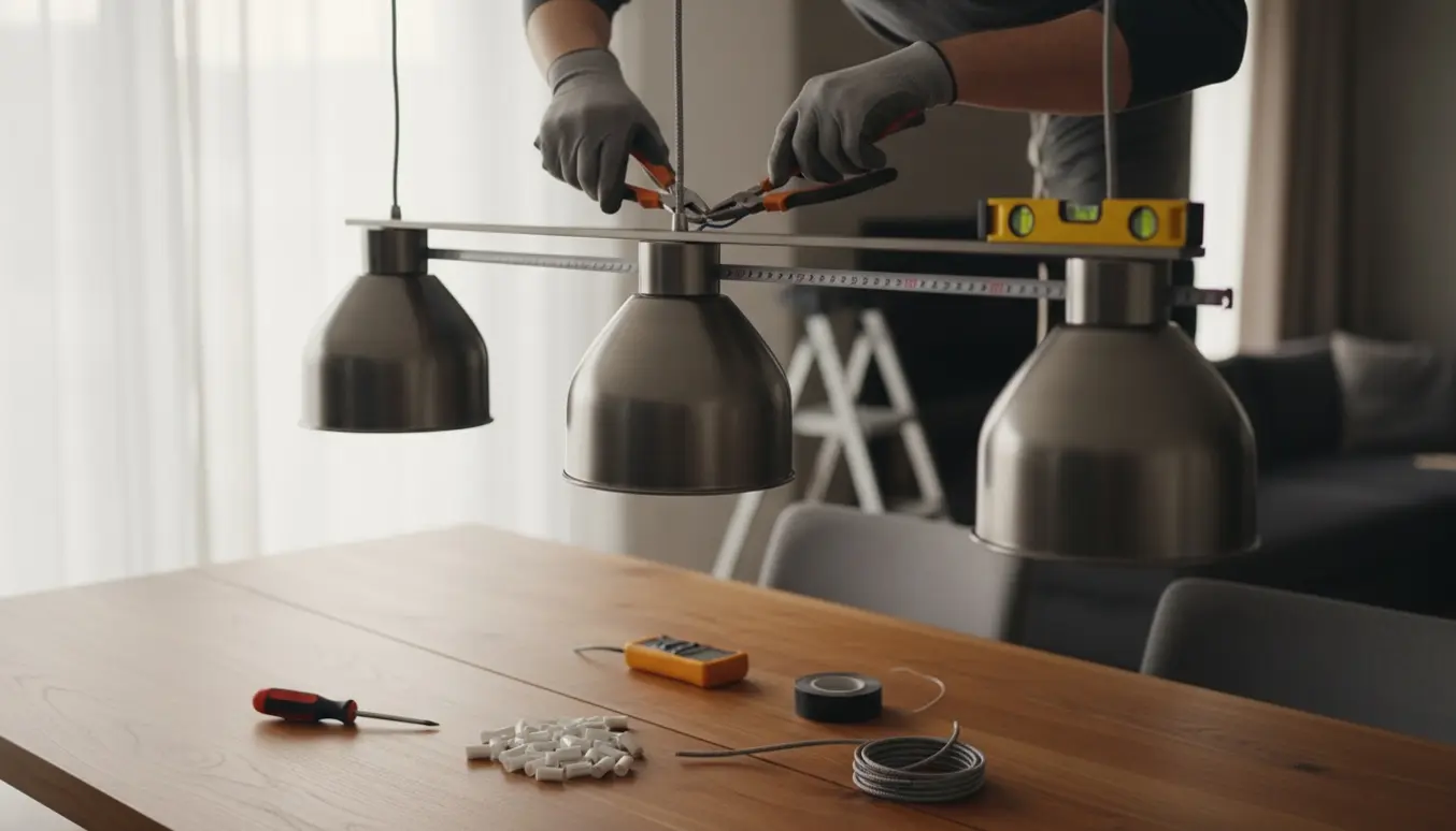 Tre loftslamper over et spisebord, hvor en handske‑klædt hånd forkorter og justerer ledningerne, så de får samme længde.