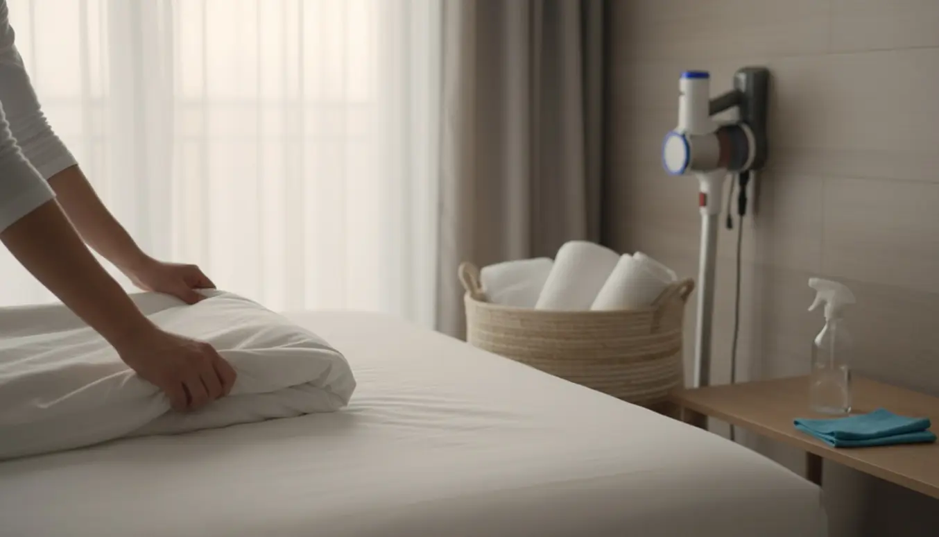 Hænder skifter sengetøj i et lyst gæsteværelse med rengøringsudstyr i baggrunden.