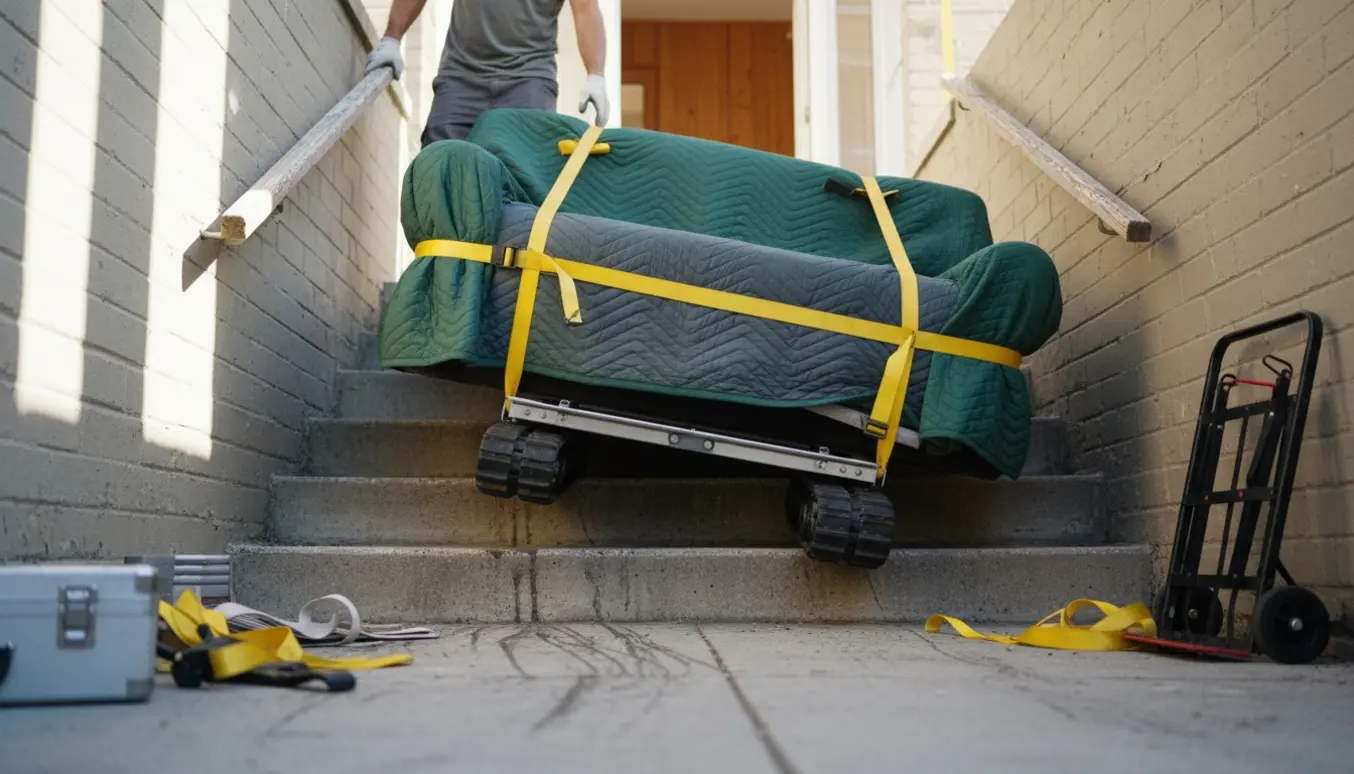 Beskyttet sovesofa løftes op ad trappen med trappemaskine ved en lejlighedsindgang.