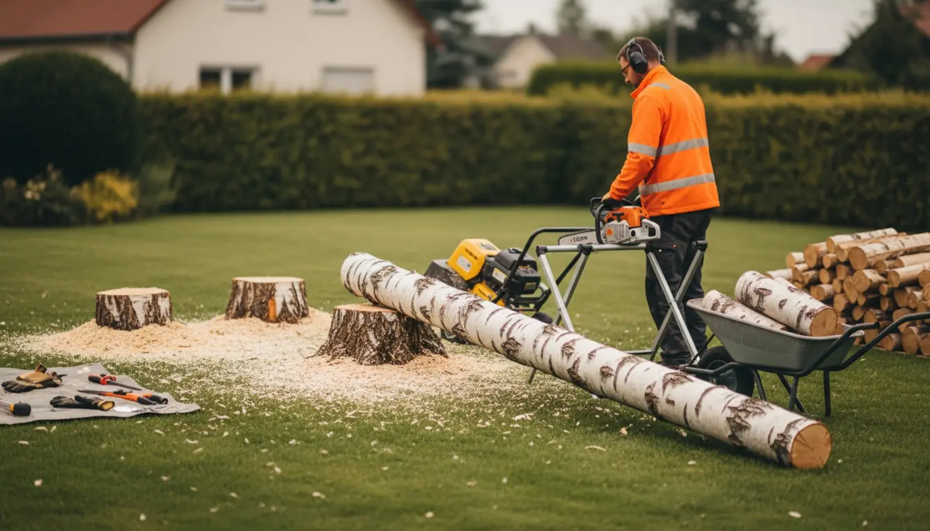 Fældning af et mindre birketræ, en arbejder skærer stammen i ca. 50 cm stykker ved siden af tre rodfræsede stubbe omgivet af træflis.