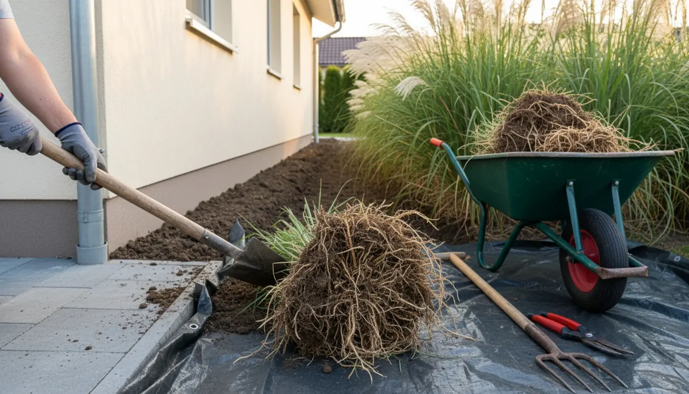 Et billede af opgravet elefantgræs langs husgavl med rodklumper, skovl og trillebør i fokus.