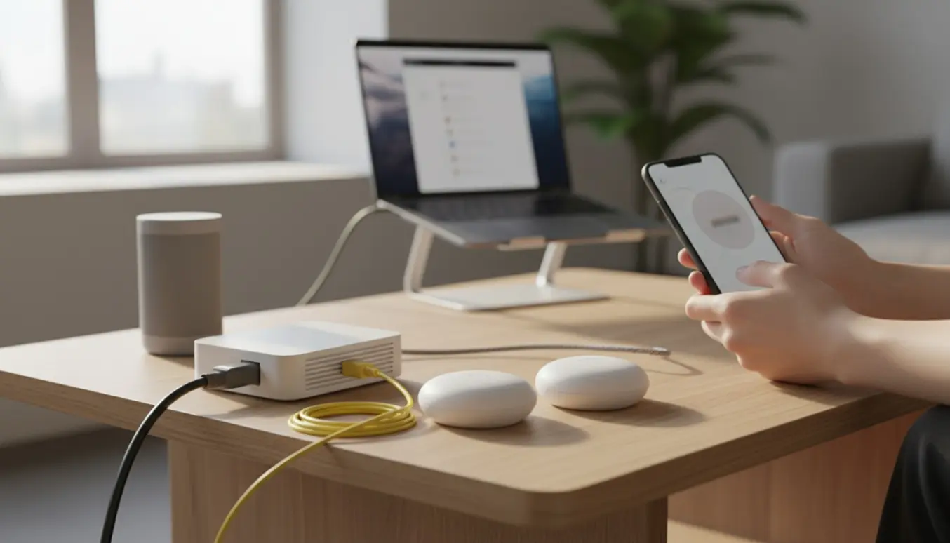 Opsætning af hjemmenetværk med mesh-routere, modem og smartphone på et bord.