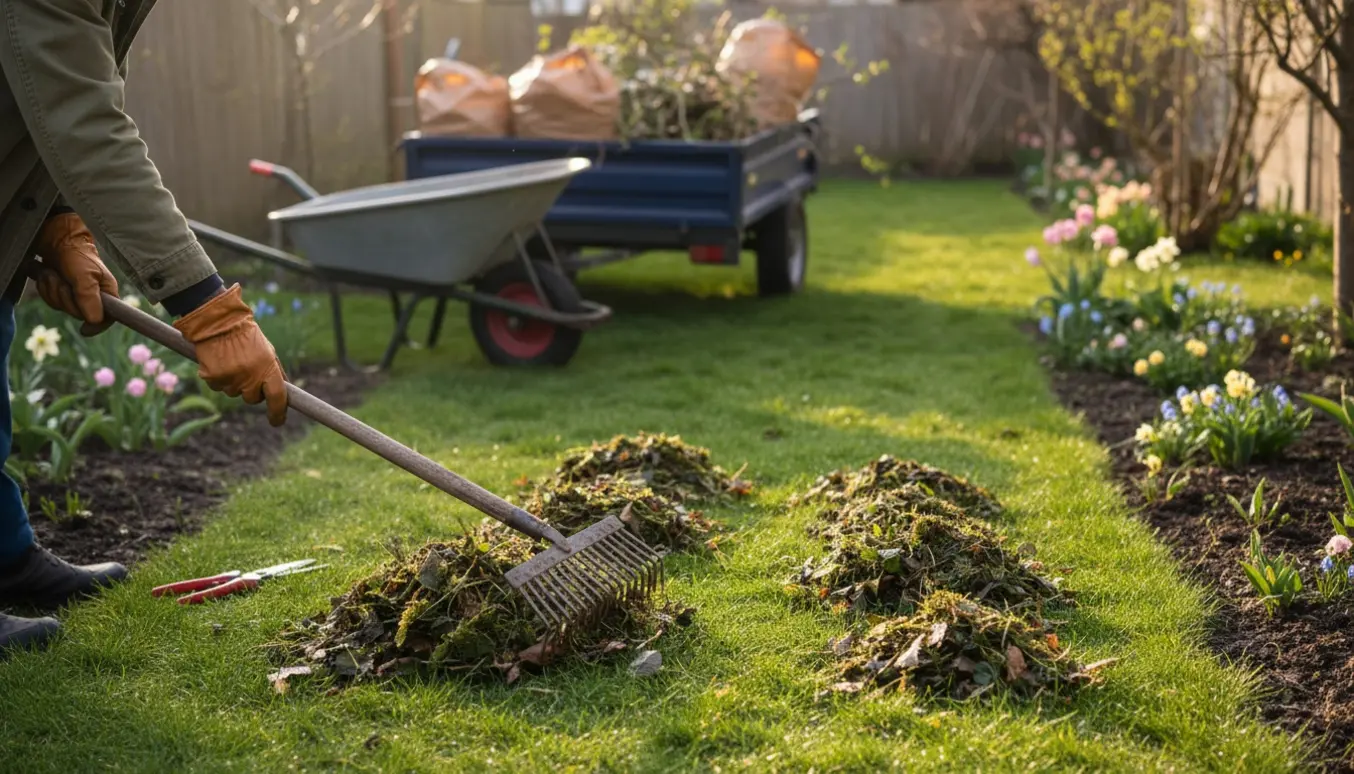 Forårsklargøring af have med rive, beskæresaks og haveaffald læsset i en åben trailer.
