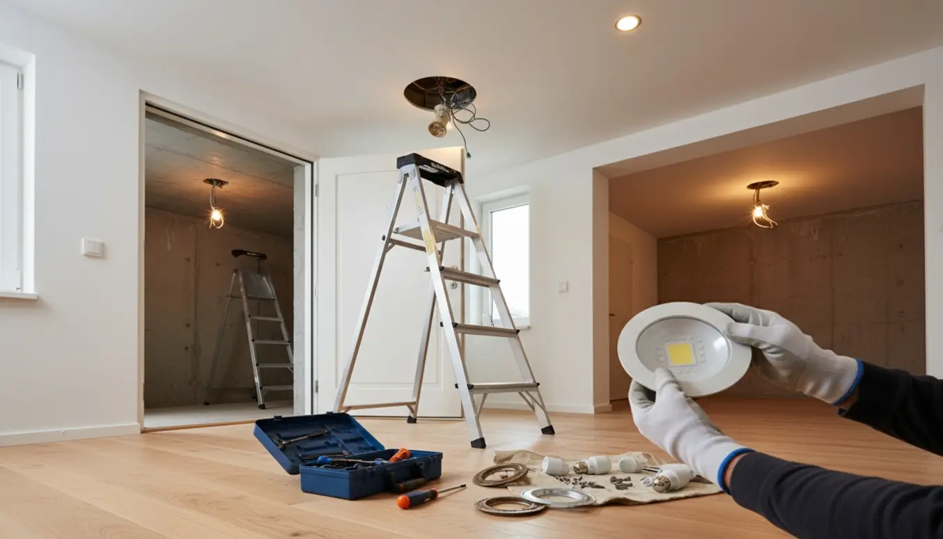 Hænder skifter loftsspot i en entré med åben kælderdør og værktøj klar på gulvet.