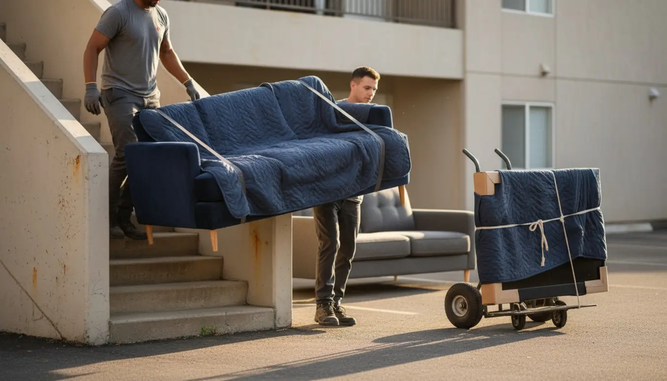 To flyttemænd bærer en trepersoners sofa ned ad en trappe mod parkeringspladsen, hvor en topersoners sofa og et indpakket tv venter.