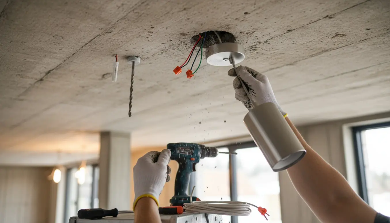 Nærbillede af montering af loftslampe i betonloft med borehul, rawlplugg og kabelføring.