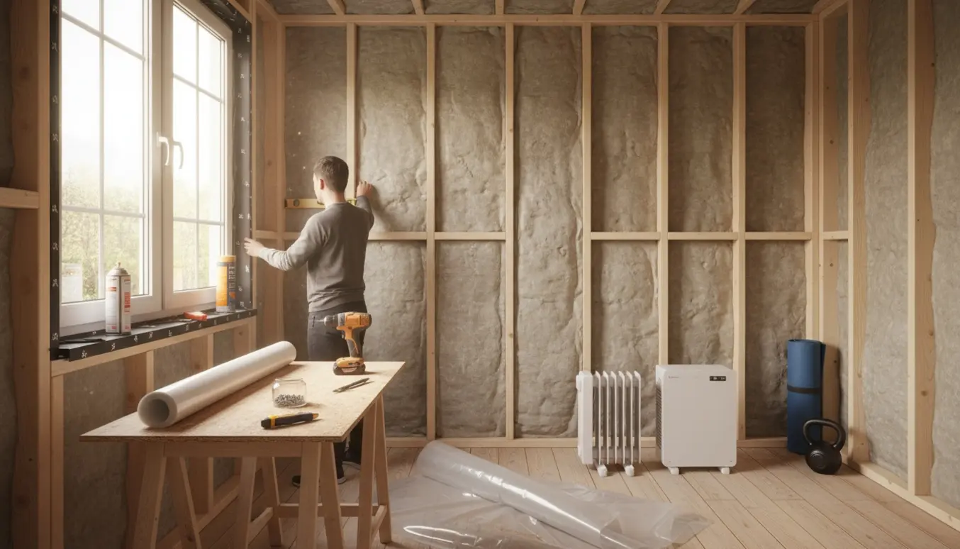 Anneks under isolering med ny vinduesramme, isoleringsmaterialer, værktøj og et elektrisk varmerpanel klar til installation.