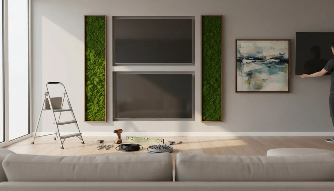 Installatører monterer tre indbyggede tv, et maleri og to mosvægge i et moderne opholdsrum.