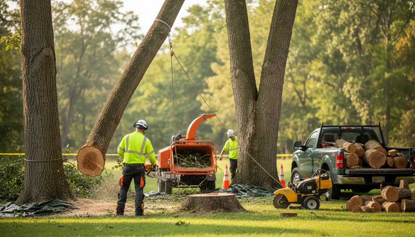 Arborist i sikkerhedsudstyr fælder og fjerner tre træer i en have med motorsav, flishugger og stak af kløvede stammer.
