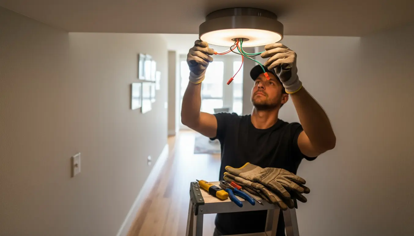 Hænder monterer en loftlampe i en gang fra en stige med værktøj og synlige ledninger.