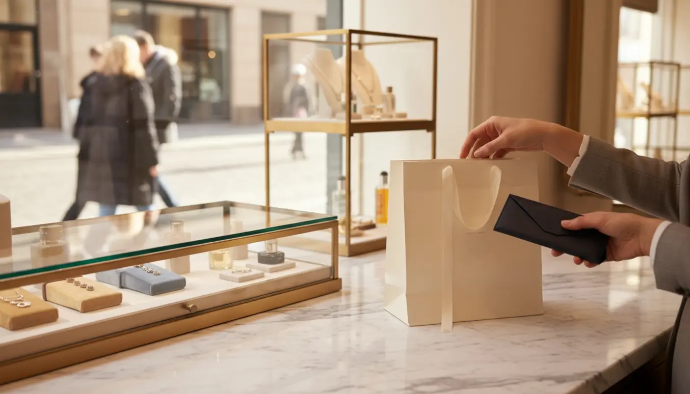 Hænder bytter en elegant indkøbspose og en lille pengekuvert i en lys luksusbutik i København.