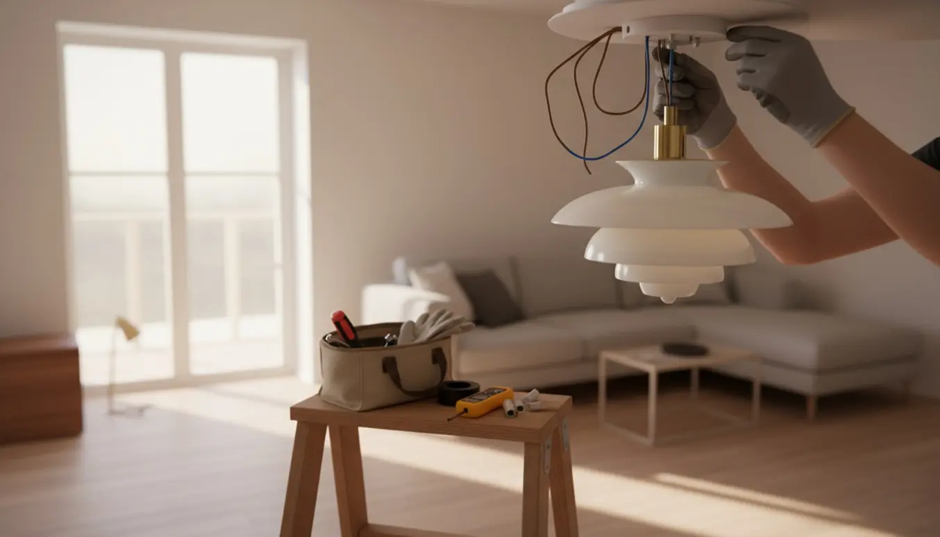 Montering og el-installation af en PH 3/2 Academy loftlampe med værktøj og hænder i fokus.