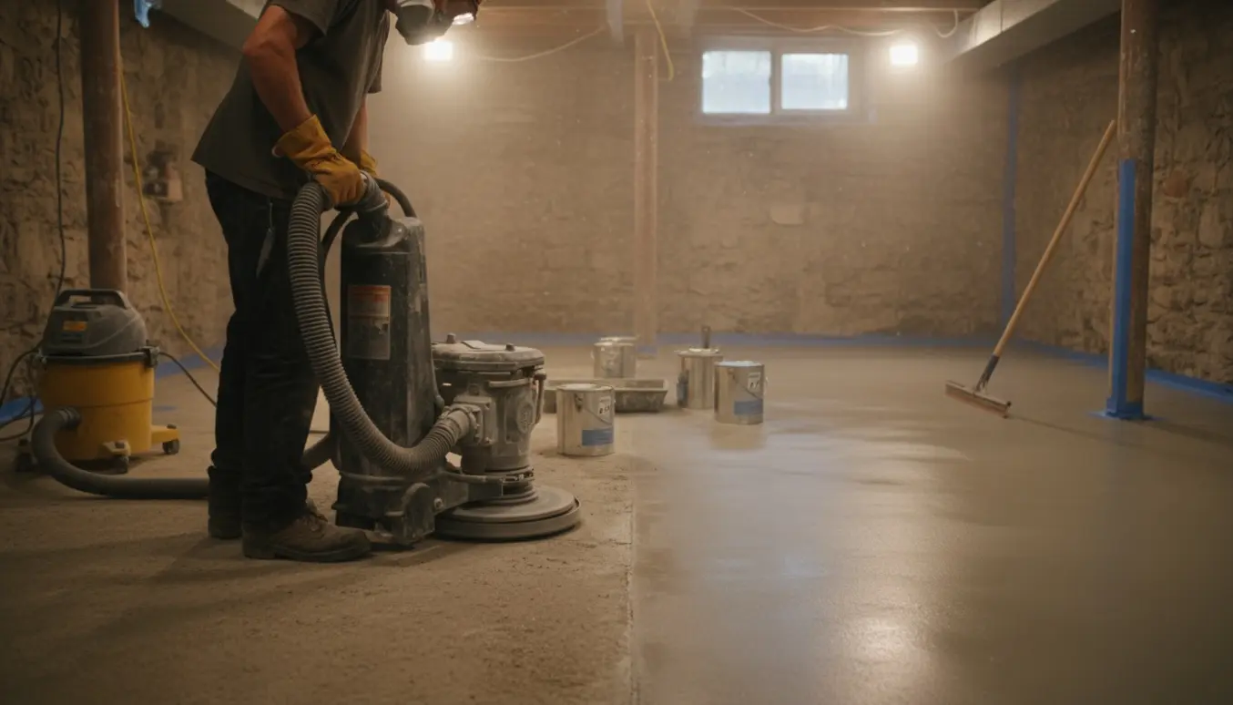 Slibning og fugtbeskyttelse af et råt beton gulv i en kælder med slibemaskine og materialer.