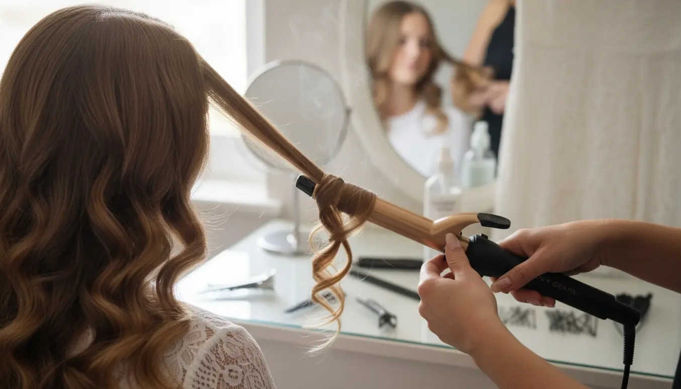 Hænder bruger et krøllejern til at lave bløde krøller i langt hår foran et pyntet sminkebord.