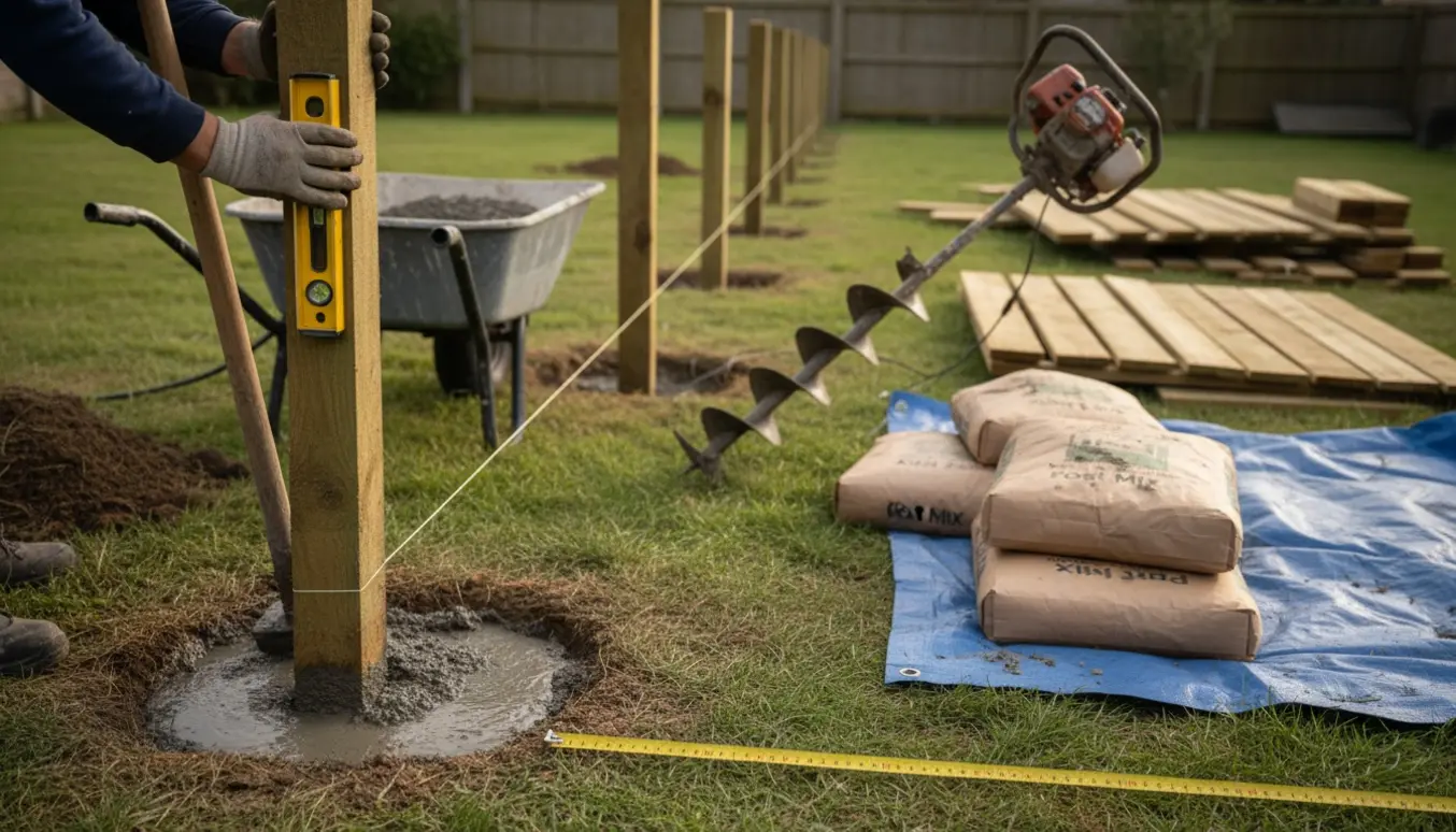 Trykimprægnerede stolper nedstøbes i en lige række langs skel med pælebor, våd stolpebeton og stabler af fjernet plankeværk.