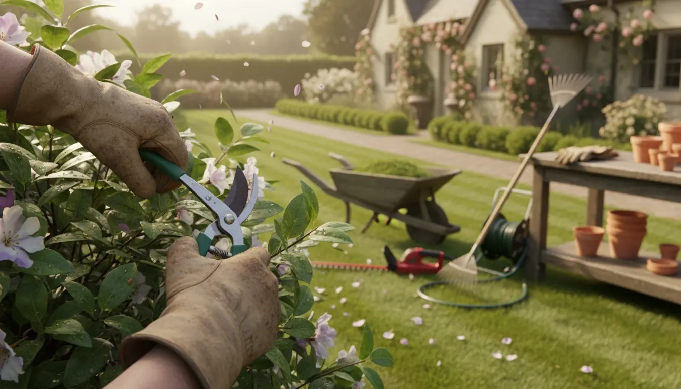Nærbillede af en gartner, der beskærer buske i en velholdt have med værktøj og nyslået græs.