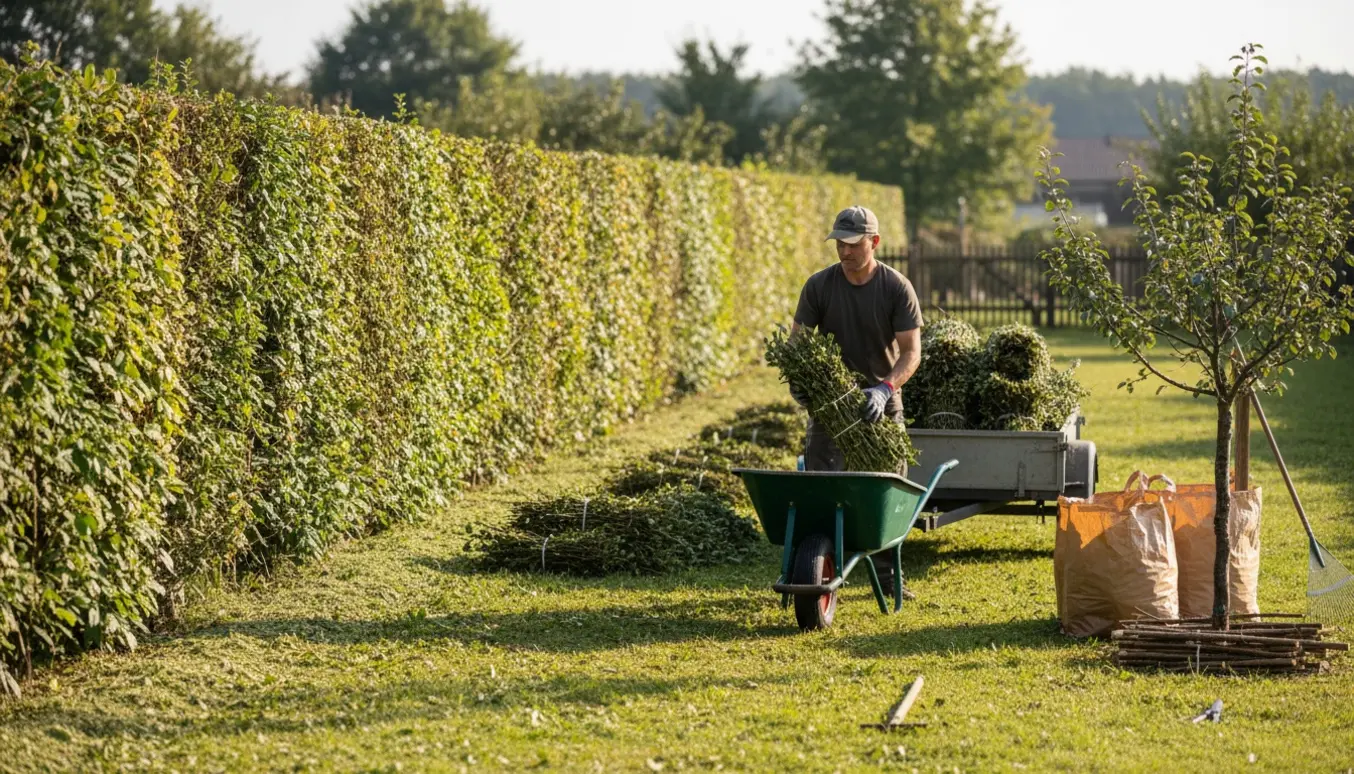 Bunke hækafklip og en person læsser grenene i en trillebør ved et lille blommetræ.