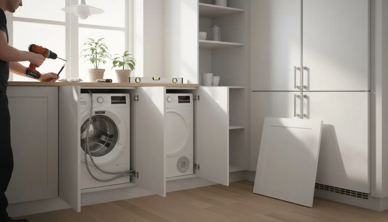 Håndværker monterer integrerede hvidevarer i lyst køkken med åbne skabslåger og værktøj.