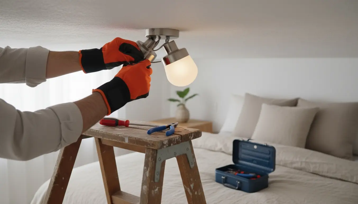 En person på stige installerer en loftslampe i et roligt soveværelse med værktøj og varmt lys.