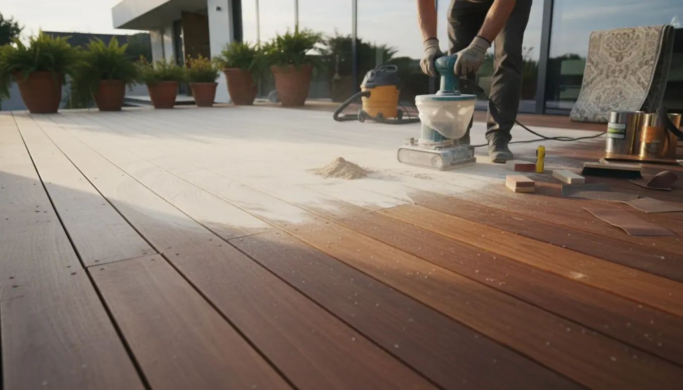 Delvist sleben træterrasse med slibemaskine og kontrast mellem slebne og malede brædder.