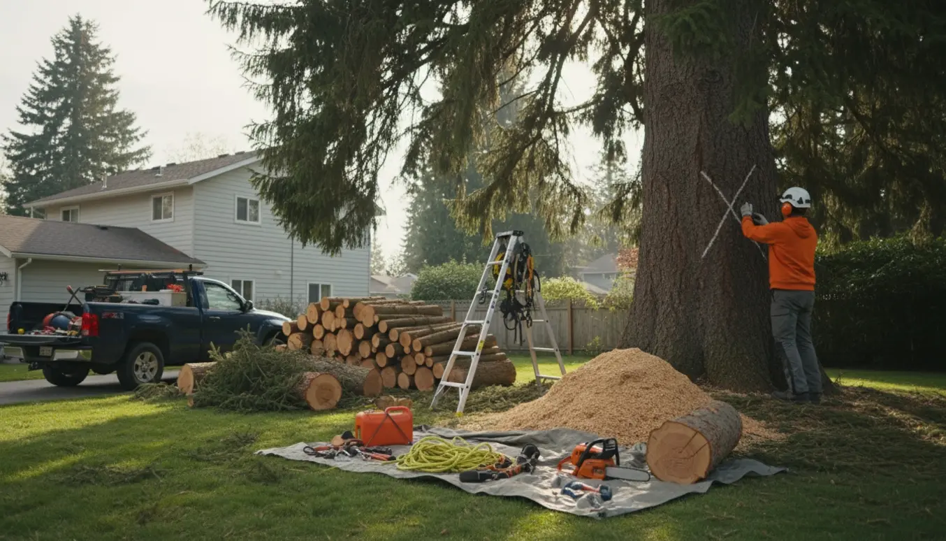 Stor gran i en privat have med fældningsværktøjer, stak af savet træ og en arborist set bagfra.