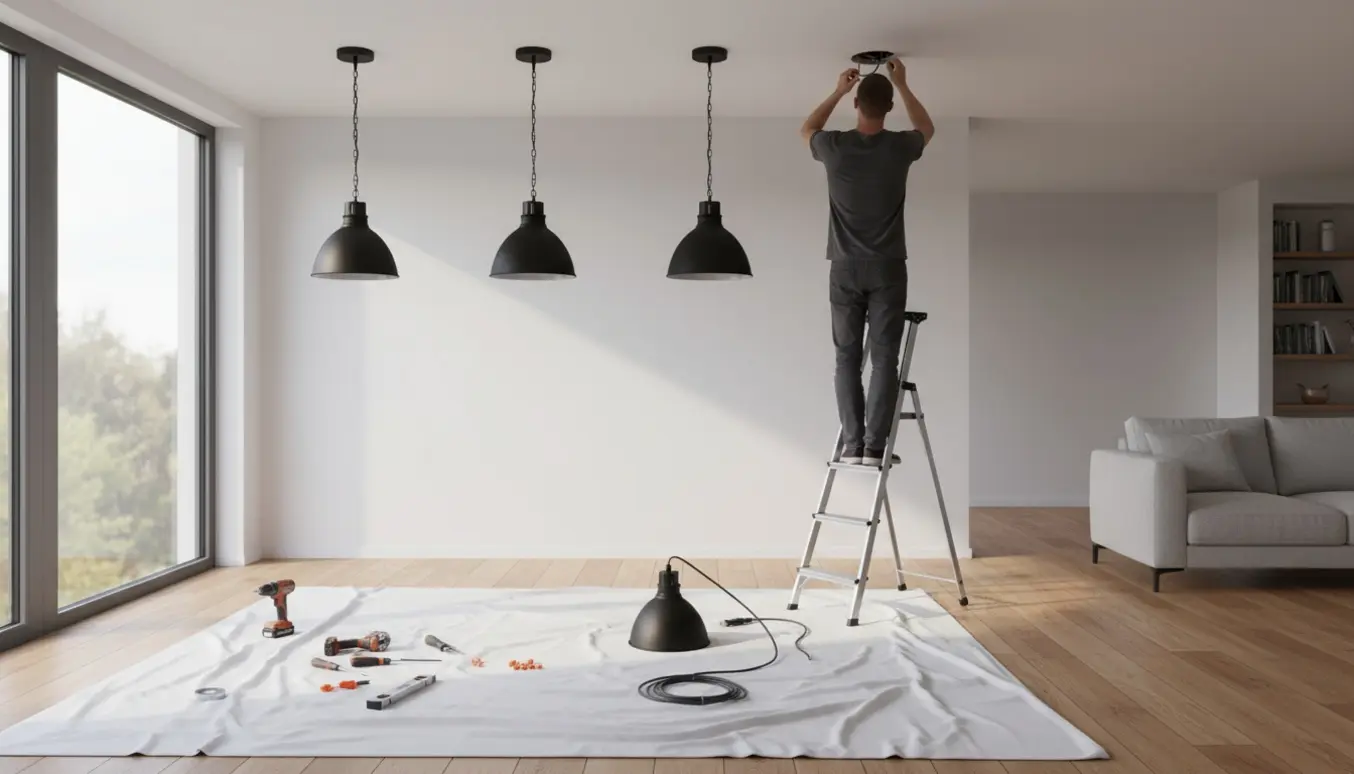 En person på en stige monterer en loftslampe mens tre matchende lamper og værktøj ligger klart.