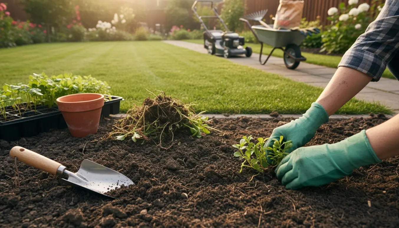 Hænder planter bunddække i en baghave med nyslået græs og haveredskaber.