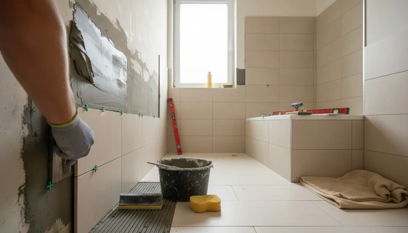 Delvist flisebelagt badeværelse under opsætning med fliseklæb, flisekryds og værktøj.