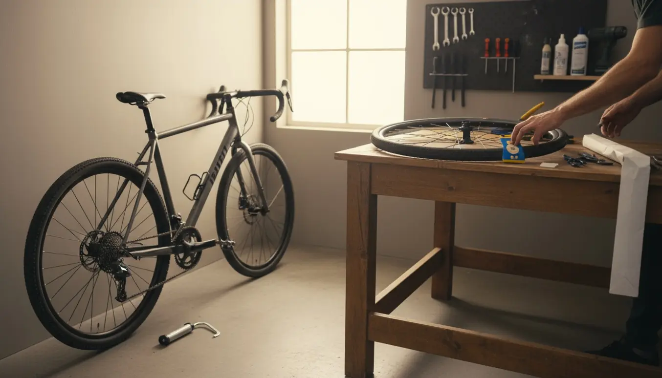 To flade cykler på et arbejdsbord med værktøj og en ny slange klar til montering.