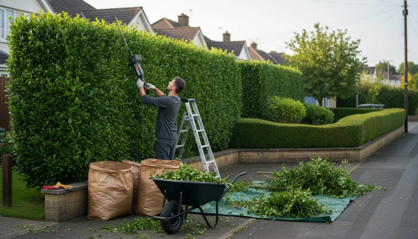 Hækklipning på en hjørnegrund med trillebør, poser med hækaffald og arbejder set bagfra.