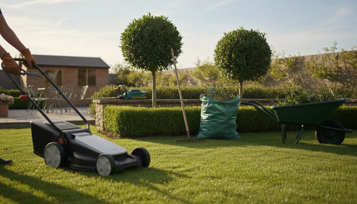 Nyslået græs med nyklippet hæk og ordnede buske i en solrig have.