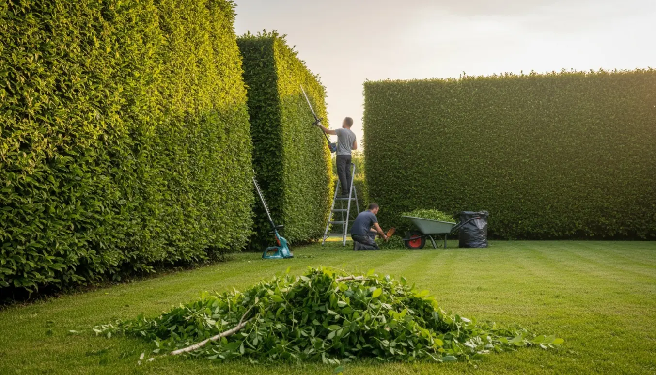 To lange, nyslåede hække i en have, en person med ryggen til trimmer toppen, og afklip samlet i en trillebør.